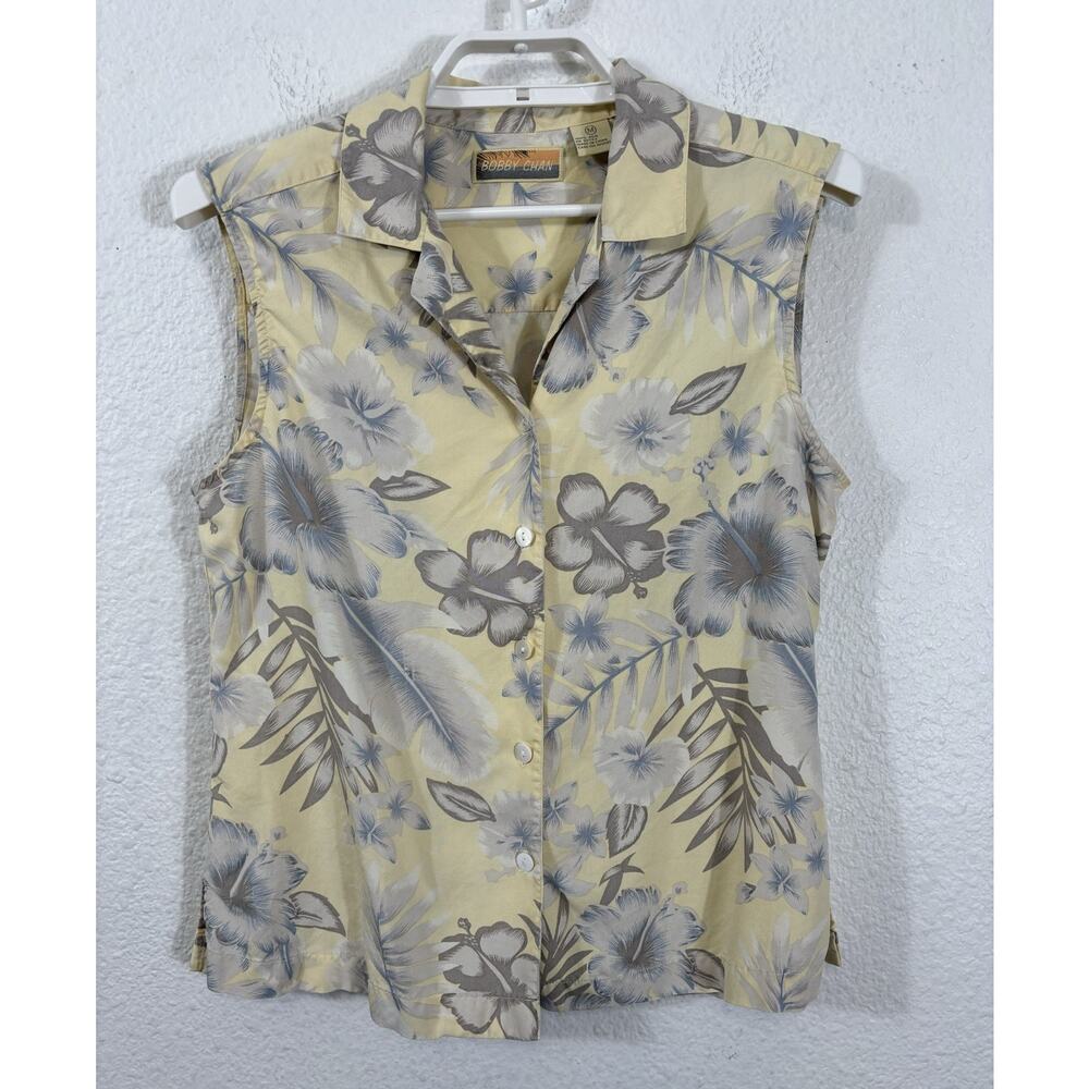 Bobby Chan Top Womens Size M Yellow Silk Sleeveless Button Up Hawaiian